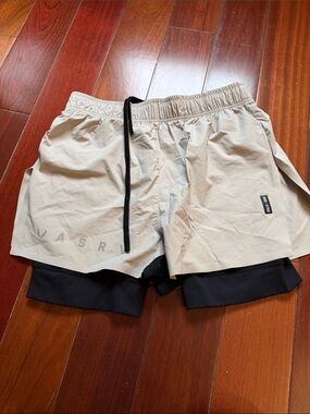 ASRV Men's Beige Athletic Layered Shorts with Black Liner